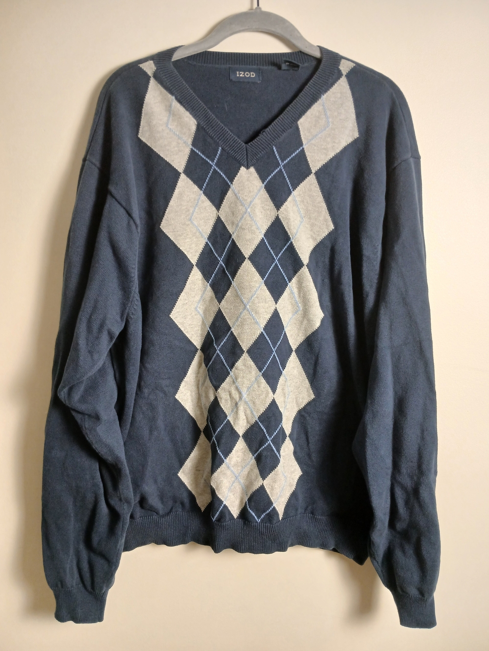 Izod Men's Navy V-Neck Argyle Sweater with Grey & Light Blue Accents
